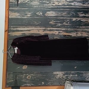 Long cranberry colored velvet cap sleeve dress with long sleeve cover up.